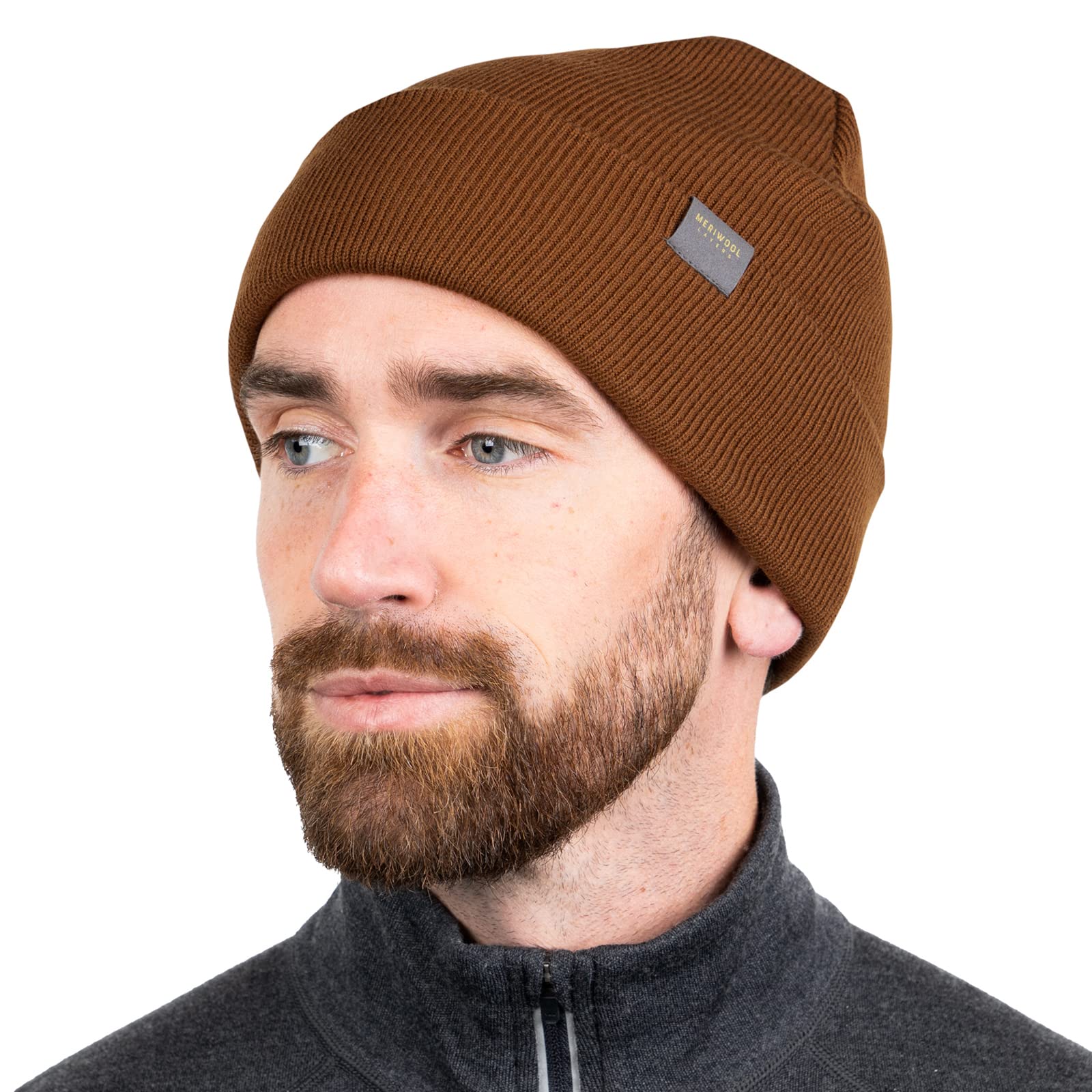 MERIWOOL Beanie for Men and Women - Merino Wool Blend Ribbed Knit Winter Hat Brown