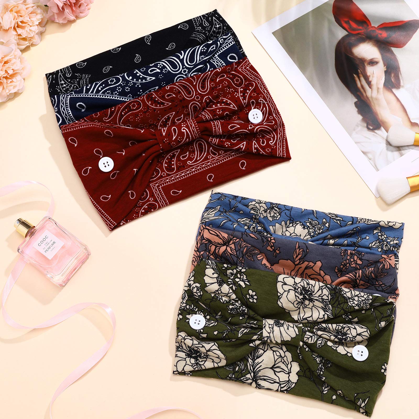 6 Pieces Nursing Headbands with Buttons for Nurses Doctor Women Boho Bandana Headbands Wide Stretch Head Wraps Elastic Hair Bands for Face Covering Holder Ear Protection (Retro Pattern)