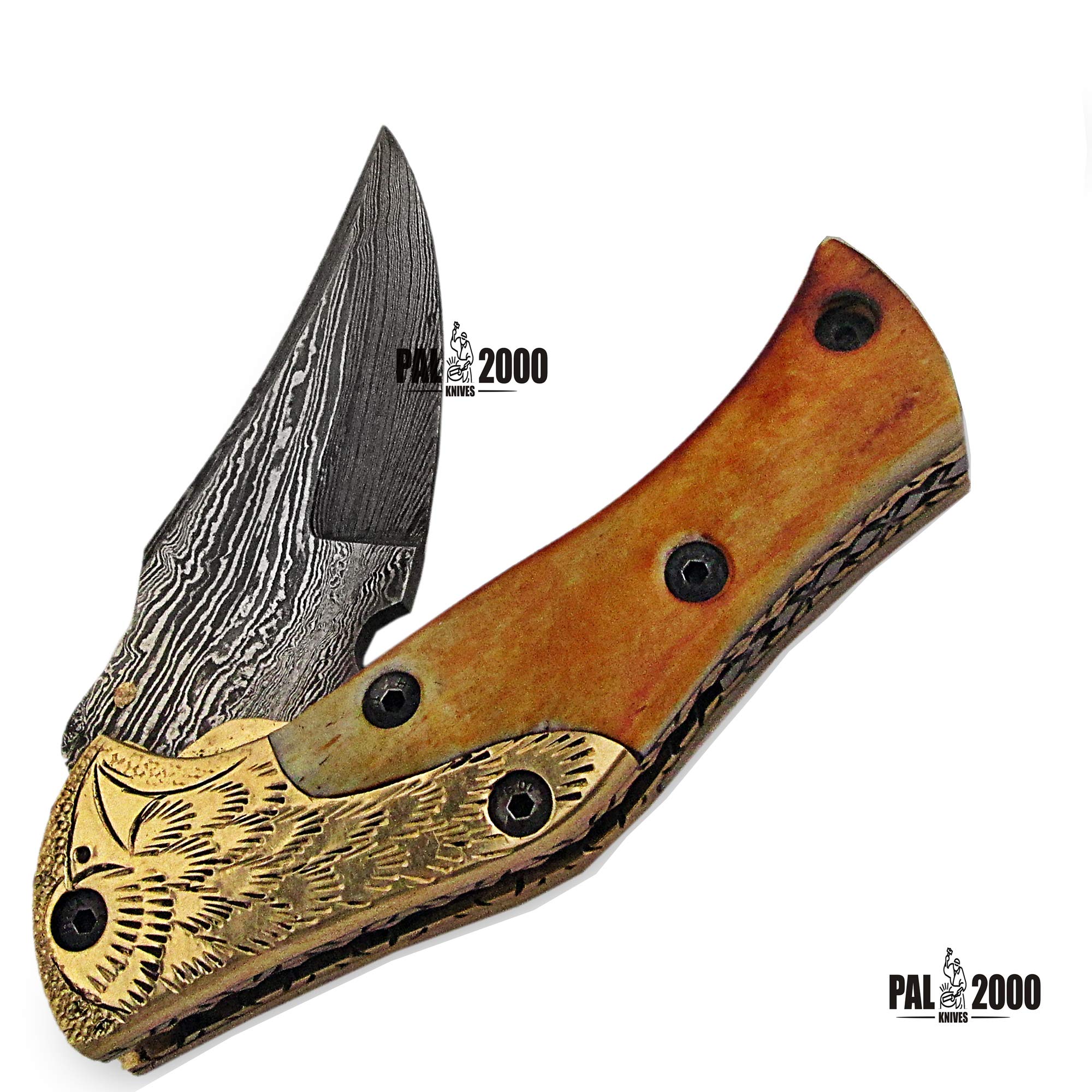 PAL 2000 HUNTING KNIVES Smpg-9863 - Damascus Folding Knife - Handmade Damascus Steel - Damascus Pocket Knife - Stained Bone Handle and Engraved Guards