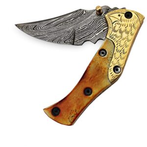 PAL 2000 HUNTING KNIVES Smpg-9863 - Damascus Folding Knife - Handmade Damascus Steel - Damascus Pocket Knife - Stained Bone Handle and Engraved Guards