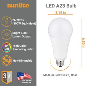 Sunlite 82109 LED A23 Light Bulb, 26 Watts (300w Equivalent), High Output, 4000 Lumens, Medium E26 Base, 120-227 Multi-Volt, Non-Dimmable, UL Listed, 4000K Cool White