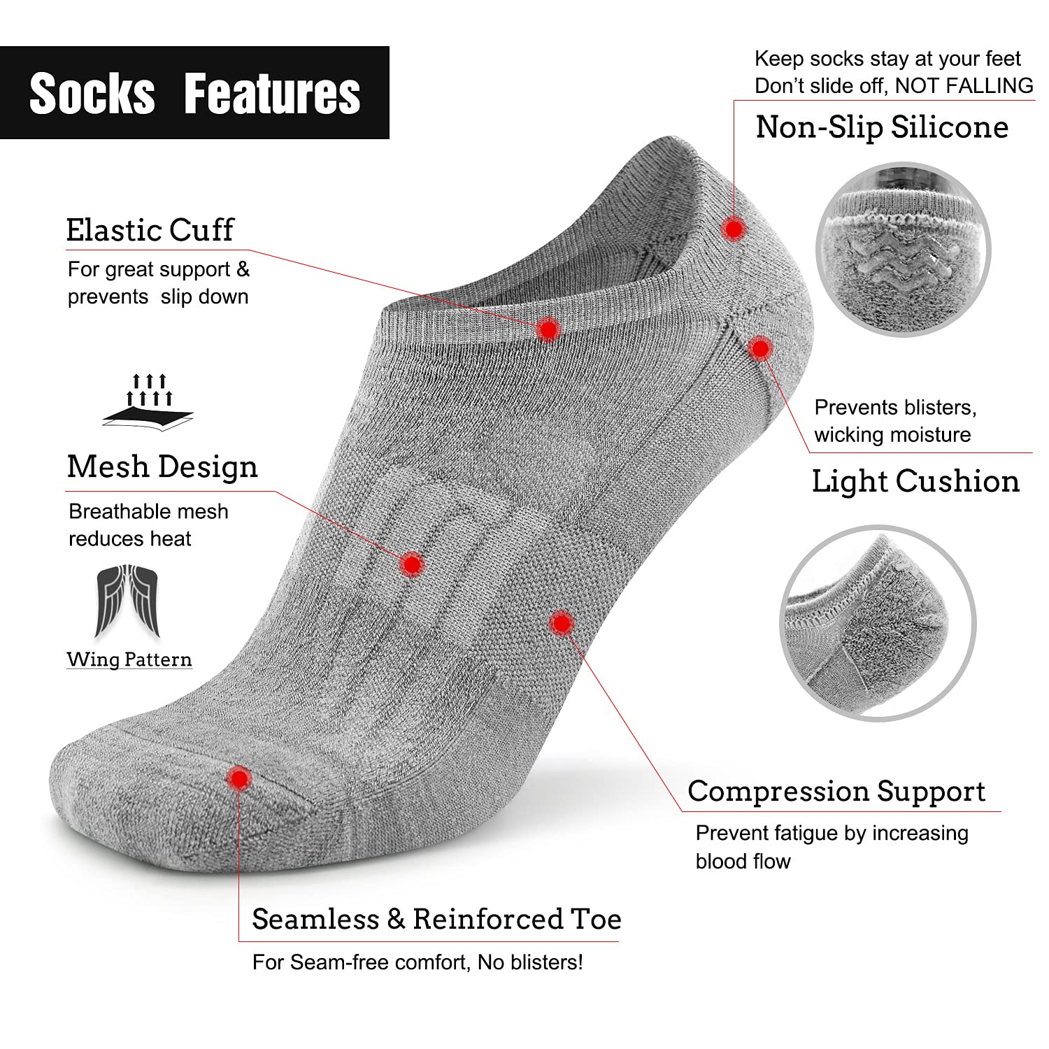 Busy Socks Womens Grey Wool Athletic Socks Pack, Organic Low Cut Cushioned Running Wool Socks Gift for Runner with Cute Wing Patterned, 3 Pairs, Medium, Grey