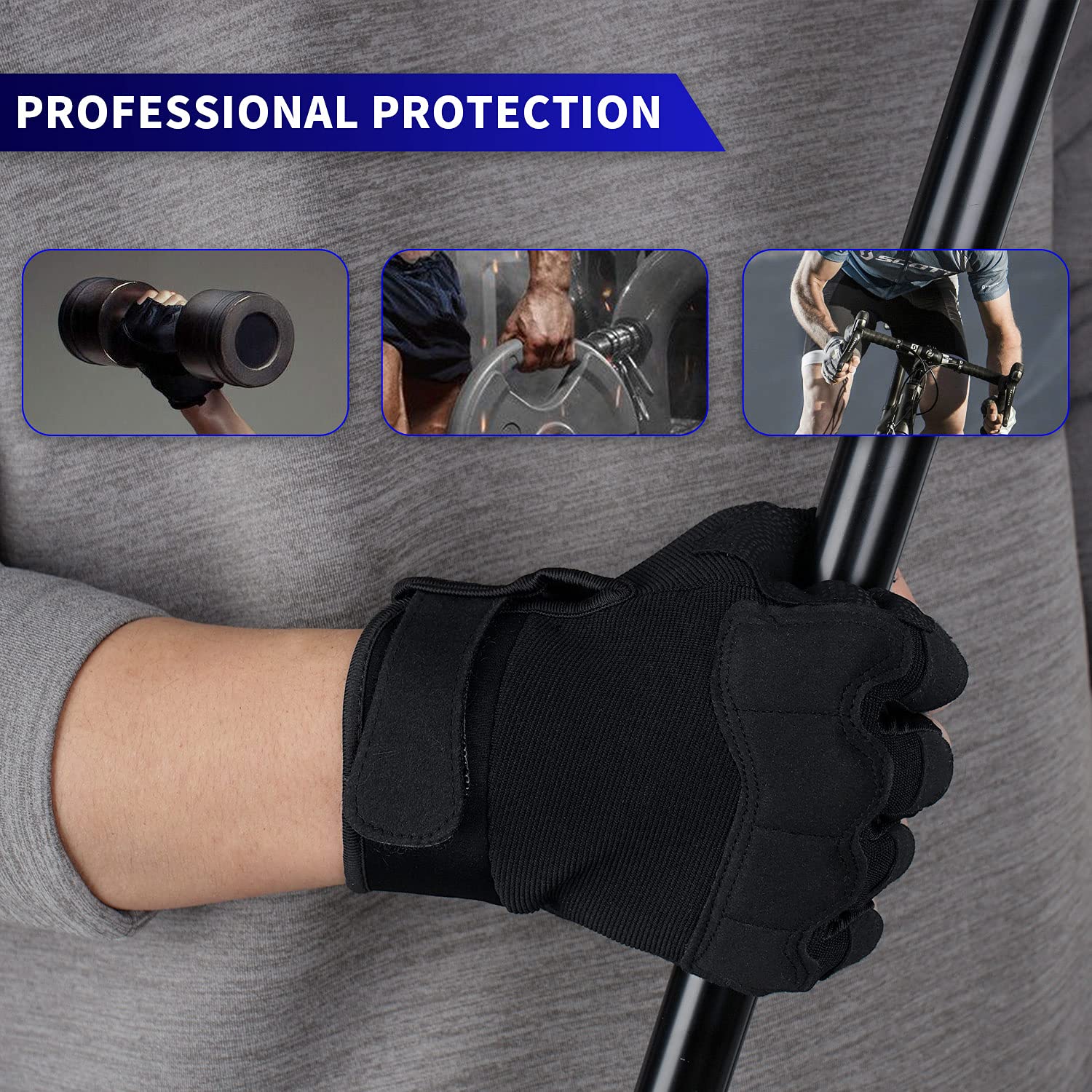 FlORETTO Fingerless Gloves Half Finger Hiking Cycling Driving Motorcycle Climbing Work Gloves Black Large