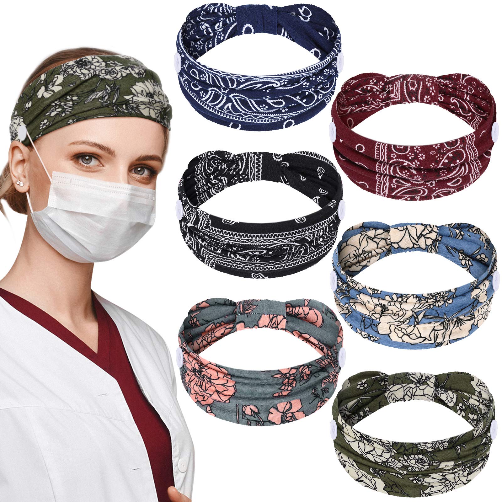 6 Pieces Nursing Headbands with Buttons for Nurses Doctor Women Boho Bandana Headbands Wide Stretch Head Wraps Elastic Hair Bands for Face Covering Holder Ear Protection (Retro Pattern)