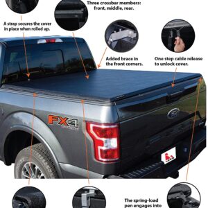 LEER ROLLITUP | Fits 2019-2023 Ford Ranger with 5’ Bed Length | Soft Roll Up Truck Bed Tonneau Cover | 4R303 | Low-Profile, Sturdy, Easy 15-Minute Install (Black)