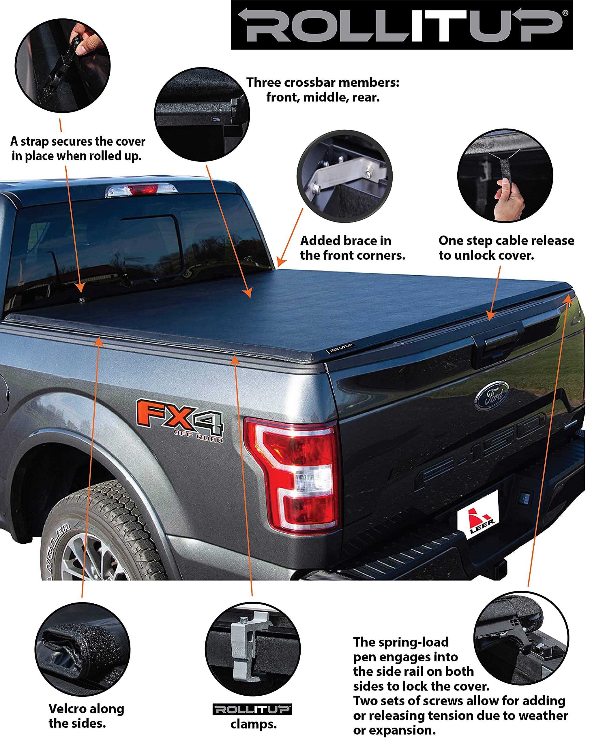 LEER ROLLITUP | Fits 2019-2023 Ford Ranger with 5’ Bed Length | Soft Roll Up Truck Bed Tonneau Cover | 4R303 | Low-Profile, Sturdy, Easy 15-Minute Install (Black)