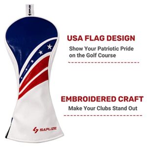 SAPLIZE Golf Club Head Covers Fits Driver Fairway Wood and Hybrid, Premium PU Leather Golf Headcovers for Clubs Protector, Embroidered Stars and Stripes Flag Design