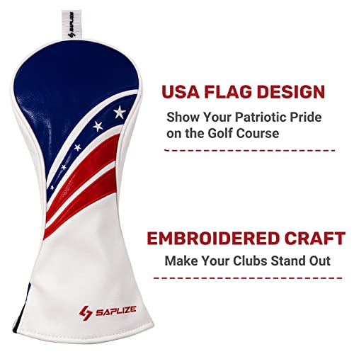 SAPLIZE Golf Club Head Covers Fits Driver Fairway Wood and Hybrid, Premium PU Leather Golf Headcovers for Clubs Protector, Embroidered Stars and Stripes Flag Design