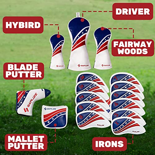 SAPLIZE Golf Club Head Covers Fits Driver Fairway Wood and Hybrid, Premium PU Leather Golf Headcovers for Clubs Protector, Embroidered Stars and Stripes Flag Design