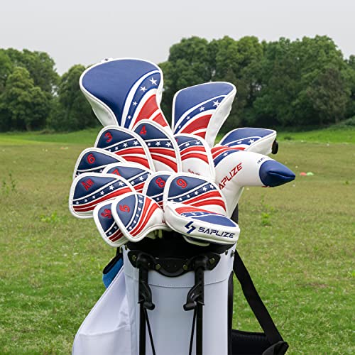 SAPLIZE Golf Club Head Covers Fits Driver Fairway Wood and Hybrid, Premium PU Leather Golf Headcovers for Clubs Protector, Embroidered Stars and Stripes Flag Design