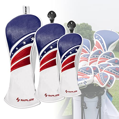 SAPLIZE Golf Club Head Covers Fits Driver Fairway Wood and Hybrid, Premium PU Leather Golf Headcovers for Clubs Protector, Embroidered Stars and Stripes Flag Design