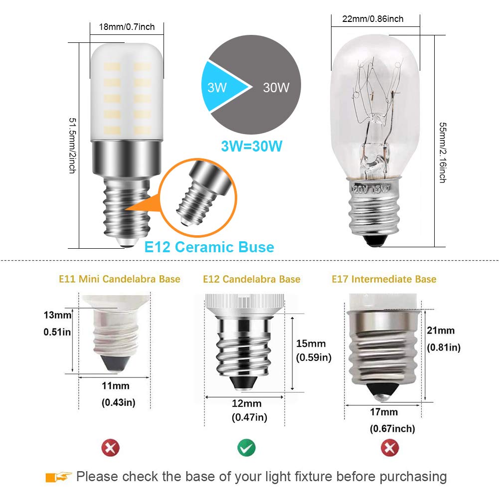 E12 LED Bulb 3W E12 Candelabra Bulbs Equivalent to Halogen Bulb 25W 120V Warm White 3000K C7 Bulb Candle Base for Chandeliers, Ceiling Fan, Dryer Drum, Himalayan Salt Lamps, Refrigerator (2-Pack)