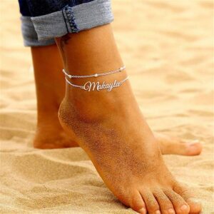 Personalized Name Ankle Bracelet for Women Custom Layered Name Anklet with Initials 18K Gold Plated Graduation Gift Customized Anklets for Women 8.7”-10.7”