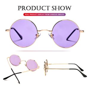 PORADAY Circle Lennon Glasses Retro Round Polarized Sunglasses Hippie Style Small Circle Sun Glasses (Gold/Clear Purple)