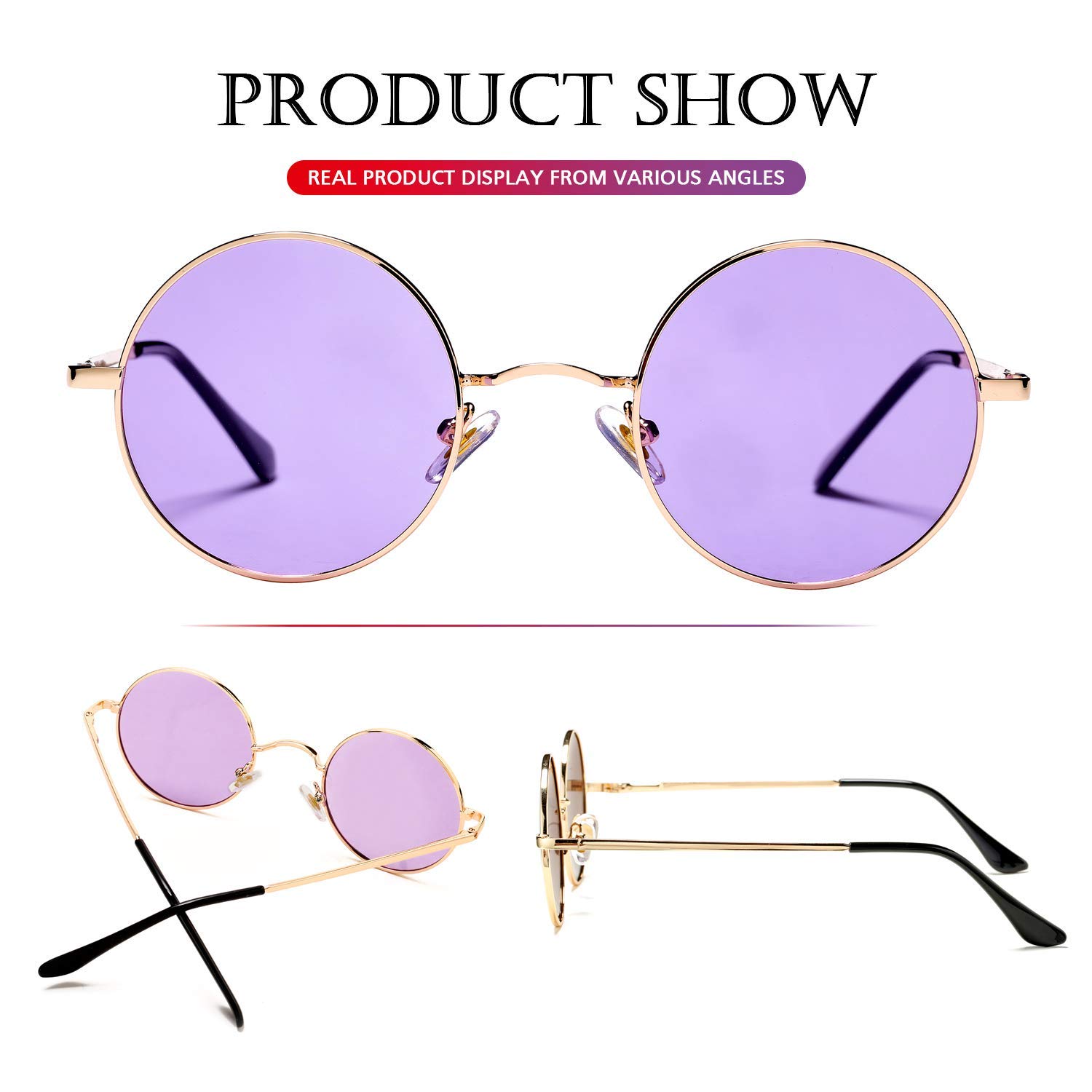 PORADAY Circle Lennon Glasses Retro Round Polarized Sunglasses Hippie Style Small Circle Sun Glasses (Gold/Clear Purple)