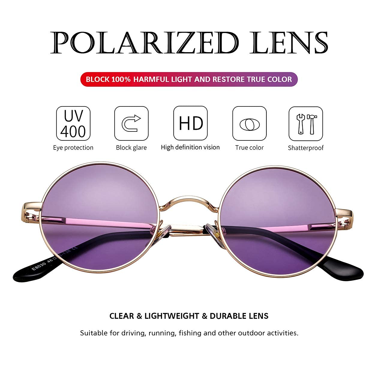 PORADAY Circle Lennon Glasses Retro Round Polarized Sunglasses Hippie Style Small Circle Sun Glasses (Gold/Clear Purple)