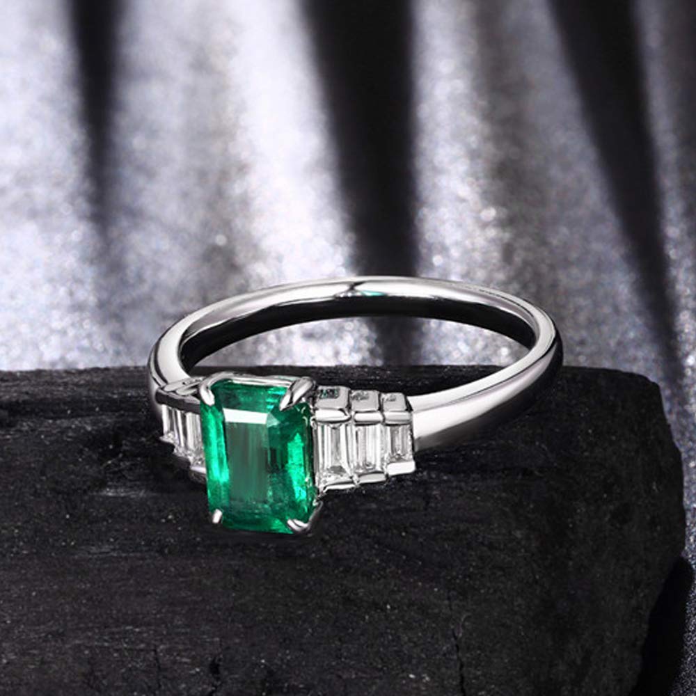 Lanmi Natural Green Emerald Diamond Ring Solid 14K White Gold Anniversary Wedding Band for Women's Gift