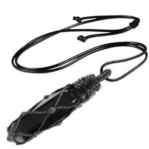 SUNYIK Hexagonal Crystal Point Pendant Necklace with Wax Rope Wrapped, Wrapped Stone Wand Necklace for Women Men, Obsidian