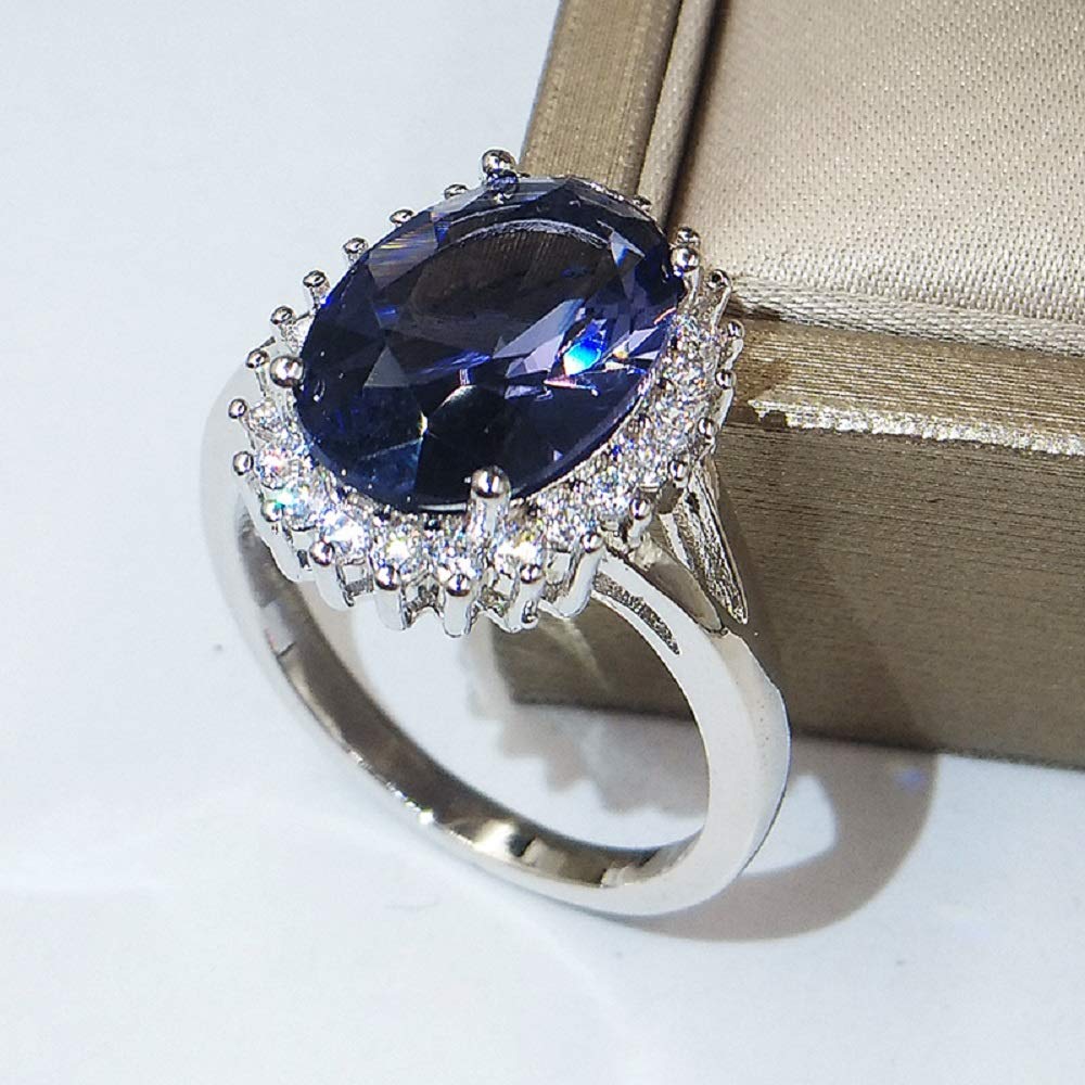 Bicheng Jewelry Royal Blue Oval Cubic Zirconia Simulated Sapphire CZ Crown Halo Engagement for Women Thin Band Wedding Ring (10)