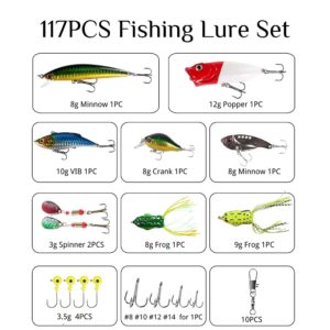 U/D 27/79 /117 PCS Fishing Hooks Lures Baits Tackle Including Crankbaits, Spinnerbaits, Plastic Worms, Jigs, Topwater Lures, Tackle Box and More Fishing Gear Lures Kit Set (117)