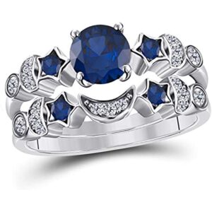 reyansh fashion created round cut blue sapphire 925 sterling silver 14k gold over diamond moon star style wedding band bridal ring set for women