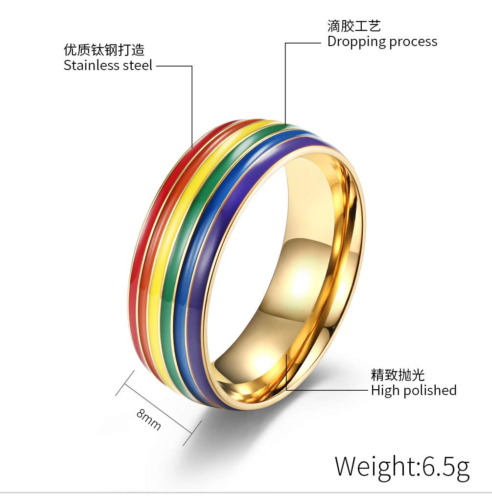 2 Pcs Rainbow Pride Ring Two-Tone Rainbow Inlay Lover Wedding Engagement Bands 8mm Width Stainless Steel Pride Parade Rainbow Ring Promise Couples Rings for Women Men-9