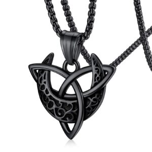 faithheart celtic triquetra moon necklaces, feminism goddess trinity knot pendant necklace triple moon pendant charms black stainless steel witch jewelry durability neck chain