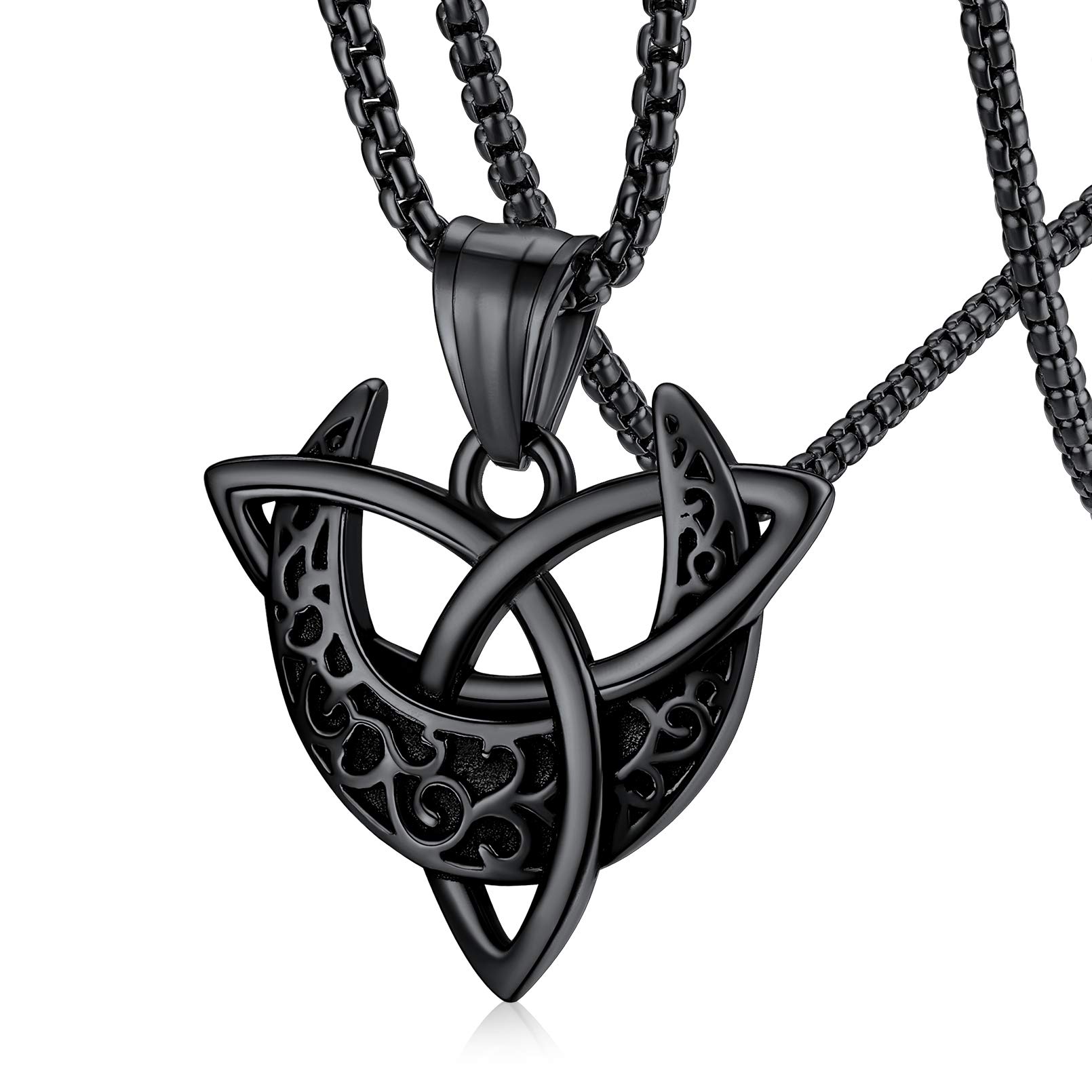 FaithHeart Celtic Triquetra Moon Necklaces, Feminism Goddess Trinity Knot Pendant Necklace Triple Moon Pendant Charms Black Stainless Steel Witch Jewelry Durability Neck Chain