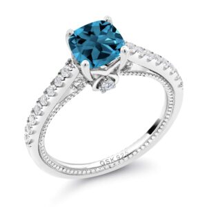 Gem Stone King 925 Sterling Silver London Blue Topaz and White Created Sapphire Engagement Ring For Women (1.45 Cttw, Cushion 6MM, Gemstone November Birthstone, Available In Size 5, 6, 7, 8, 9)