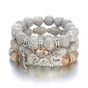 caiyao bohemian beaded bracelets stackable elephant wing love heart bracelet set multilayer stretch beaded bracelets boho cute elephant charm bracelets jewelry set for women-white