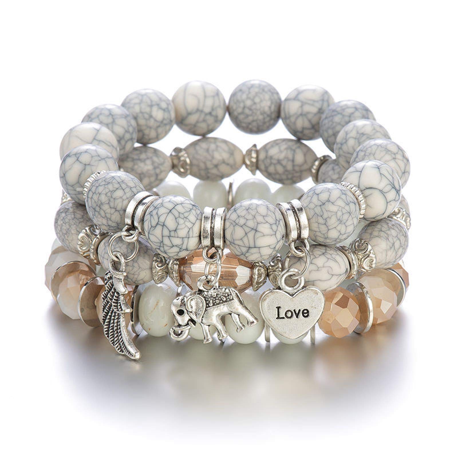 Caiyao Bohemian Beaded Bracelets Stackable Elephant Wing Love Heart Bracelet Set Multilayer Stretch Beaded Bracelets Boho Cute Elephant Charm Bracelets Jewelry Set for Women-White