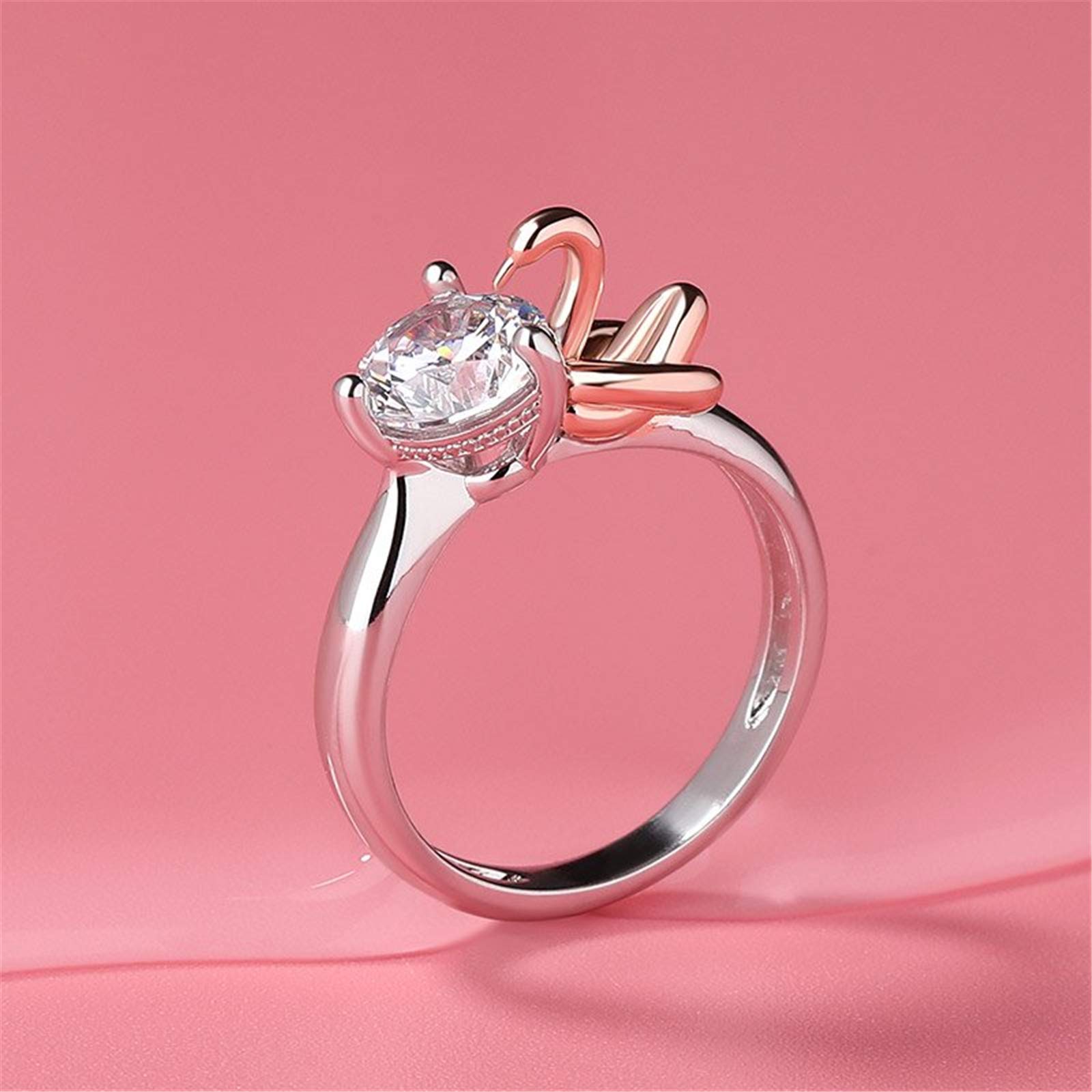 Jeulia Hug Me Balloon Swan Round Cut Sterling Silver Ring Fashion Anniversary Promise Engagement Wedding Ring Set for Her with Gift Jewelry Box (Rose Gold, 8.5)