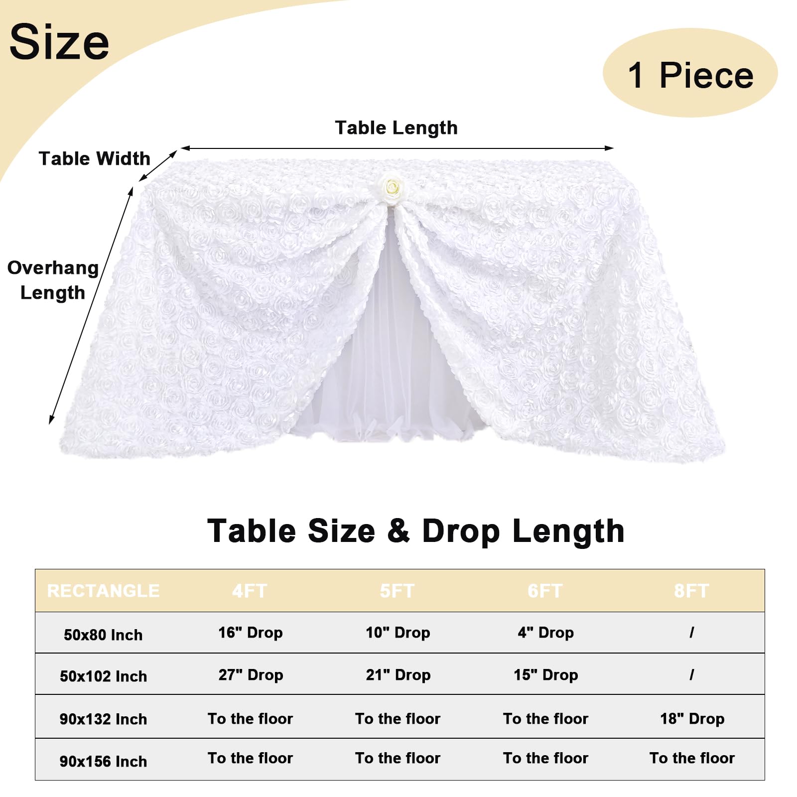 Rosette Tablecloth White 50x80 Inches Rectangular 3D Floral Satin Rosette Fabric Table Cover Grandiose Wedding Party Baby Shower Decorations