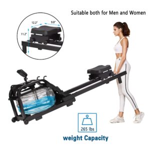 LUCKYERMORE Water Rowing Machine with LCD Monitor for Home/Gym, 265 Lbs Weight Capacity, Adjustable, Space Saving, Mobile, Double Track Indoor Rower Fitness, Black