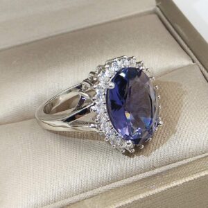 Bicheng Jewelry Royal Blue Oval Cubic Zirconia Simulated Sapphire CZ Crown Halo Engagement for Women Thin Band Wedding Ring (10)