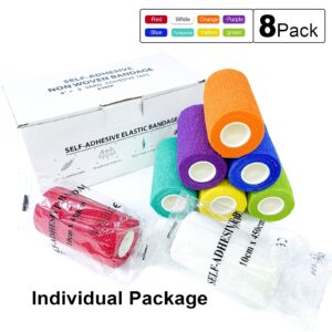 [8 Pack-4"x5Yards] Assorted Color- Self Adhesive Bandages Wrap, Athletic Elastic Cohesive Bandage for Vet Wrap, Sports Injury, Strain, Knee&Wrist, Ankle Sprains. First Aid Non-Woven Bandages