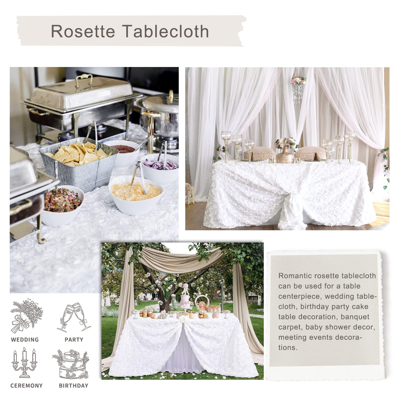 Rosette Tablecloth White 50x80 Inches Rectangular 3D Floral Satin Rosette Fabric Table Cover Grandiose Wedding Party Baby Shower Decorations