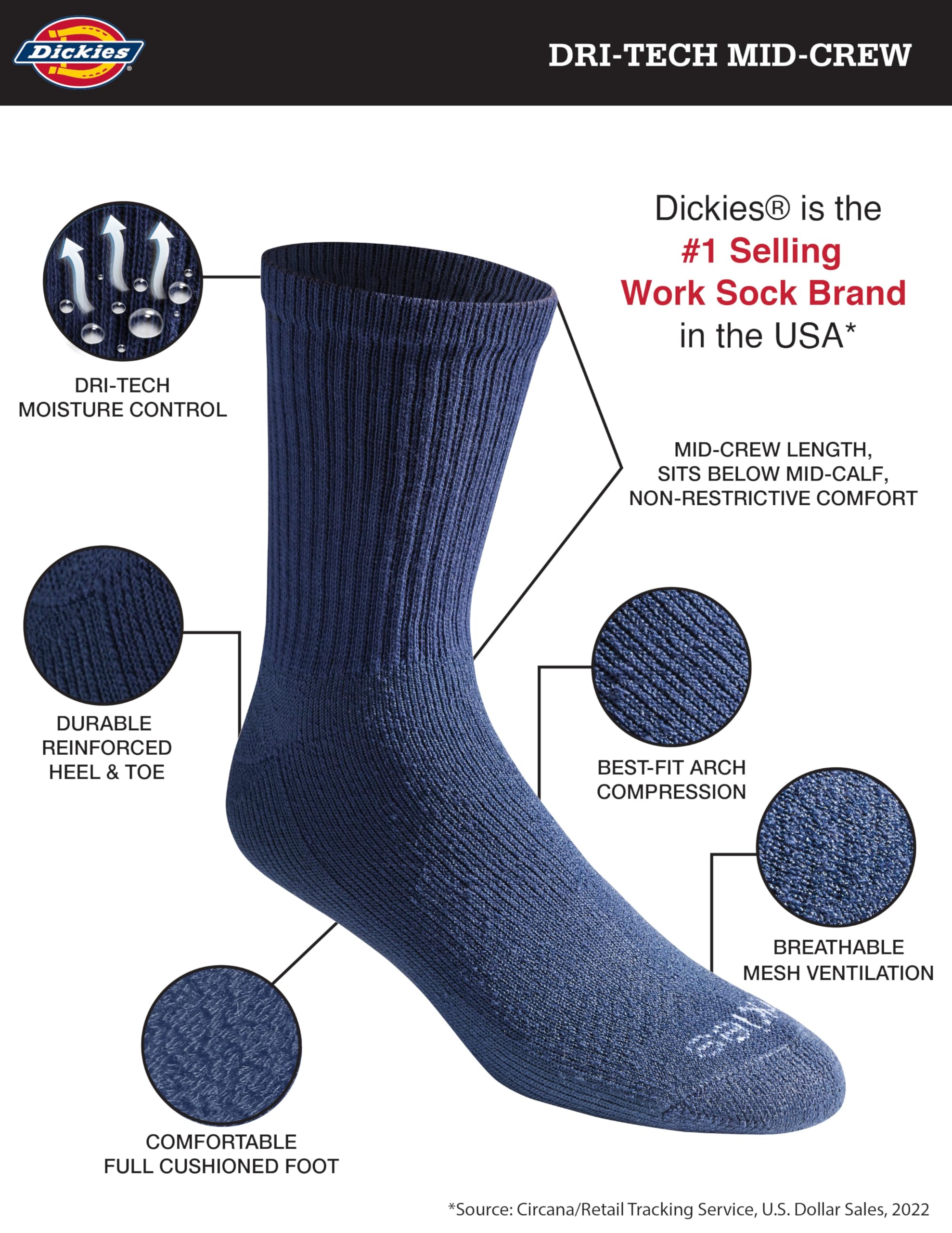 Dickies Mens Dri-tech Moisture Control Comfort Length Mid-crew Socks Comfort Length Navy (12 Pairs) Shoe Size: 6-12