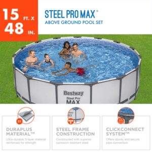 Bestway Steel Pro MAX 15 Foot by 48 Inches Round Above Ground Family Swimming Pool Set Outdoor Steel Frame with Filter, Pump, Ladder, and Cover, Gray