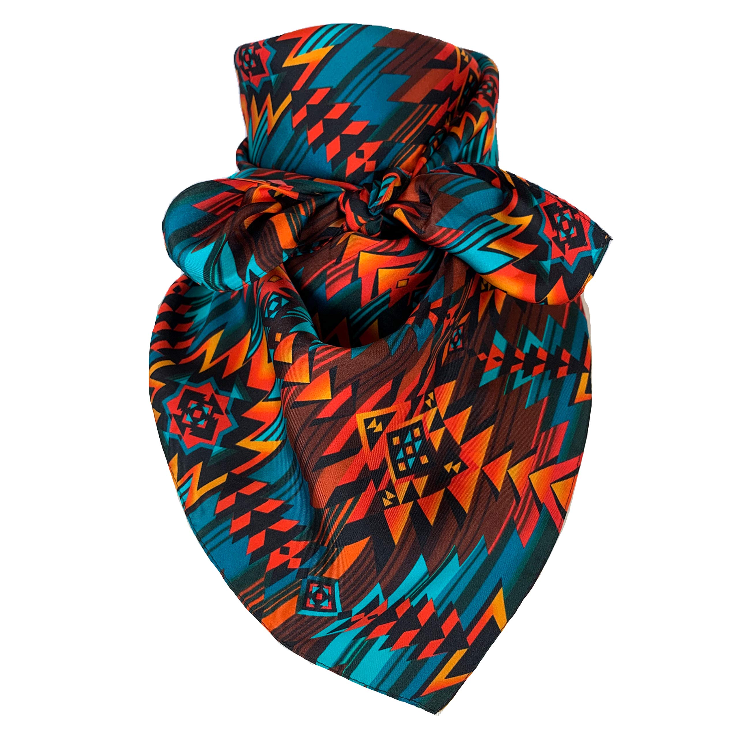 Austin Accent Cowboy Bandana 100% Silk Scarf Wild Rag 34 Inch Multiple Colors (Orange Teal Aztec)