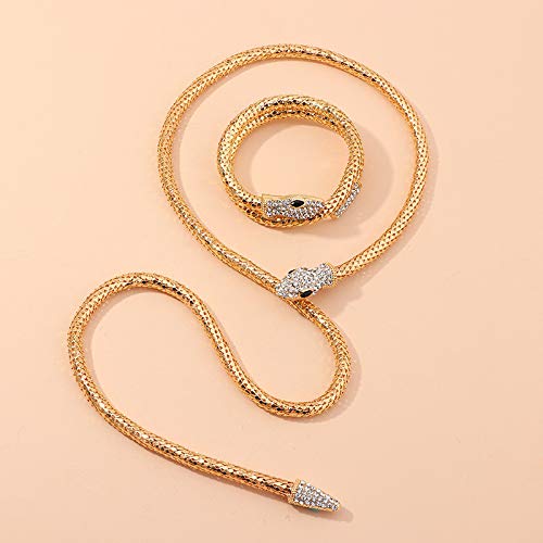 Snake Choker Necklace Bracelet Retro Adjustable Snake Shape Collar Necklace Curved Bar Design Full Rhinestone Accessories Halloween Statement Fashion Jewelry for Women-A necklace