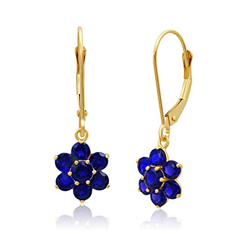 MAX + STONE 14k Yellow Gold Created Blue Sapphire Flower Dangle Earrings for Women with Leverback and September Birthstones