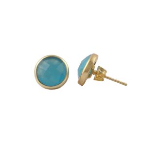 faceted round shape stud style earring blue chalcedony stud earrings gold plated brass fashion jewelry gift for women & girls