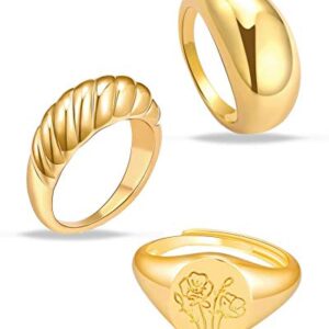 MOROTOLE 3Pcs Chunky Gold Rings Set for Women Thick Dome Rings 18K Gold Plated Croissant Braided Twisted Stacking Round Signet Rings Jewelry Size 6-10