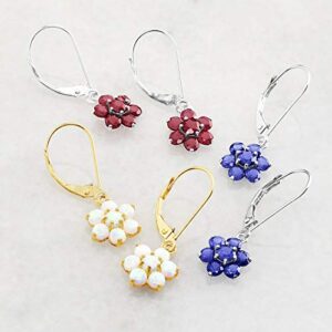 MAX + STONE 14k Yellow Gold Created Blue Sapphire Flower Dangle Earrings for Women with Leverback and September Birthstones