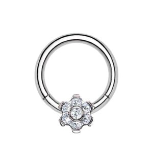 Pierced Owl 16-18GA G23 Implant Grade Titanium CZ Crystal Flower Cartilage Helix Daith Septum Nose Hinged Segment Ring (Silver Tone, 16GA / 8mm)