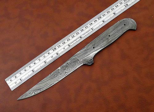 Damascus steel straight back blank blade 9.5 inches long hand forged skinning knife with 3 Pin hole, 5 inches cutting edge, 4.5" scale space, knife making supplies