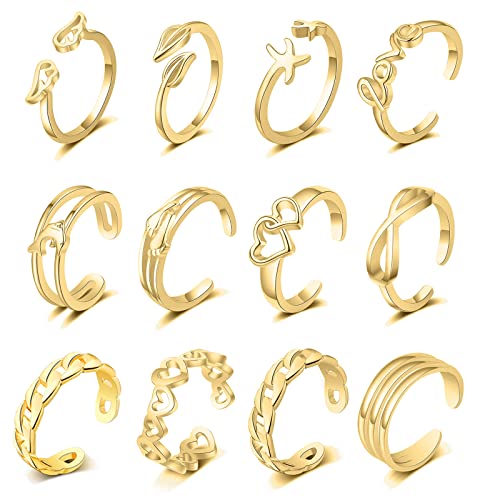 Sunssy 12PCS Adjustable Toe Rings for Women Girls Gold Open Toe Ring Hypoallergenic Summer Beach Foot jewelry Set