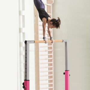 GOFLAME Double Horizontal Bars, Gymnastics Parallel Bars with Adjustable Height and Width, Junior Training Gym Bar for Kids, Ideal for Indoor Outdoor Use (Pink)