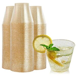 FOCUSLINE 100 Pack Gold Glitter Plastic Cups 9 oz Clear Plastic Cups Tumblers, Fancy Disposable Hard Plastic Cups with Gold Glitter for Wedding Cups Elegant Party Cups